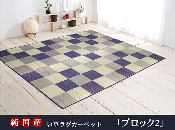 日本製 い草 ラグマット / 絨毯 【ブロック柄 グリーン 約140×200cm】 調湿 抗菌 防臭 耐久性抜群 〔リビング〕 [2]