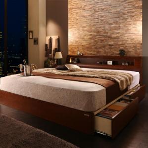 高級ウォルナット材 ワイドサイズ 収納ベッド 収納 木製ベッド ボンネルコイルマットレス付き ライトタイプ ダブル