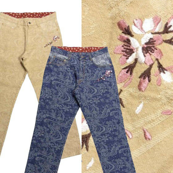 全国どこでも 送料無料 !春夏新作!!【SCRIPT】小桜柄 刺繍 ジャガードデニムパンツ【花旅楽団】メンズ&レディース ジーンズ SP-650