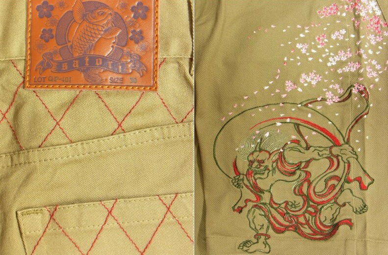 全国 どこでも 送料無料 ！！春夏新作！！【SATORI】風雷神 柄 刺繍【さとり】メンズ＆レディース 5ポケット ショートパンツ
