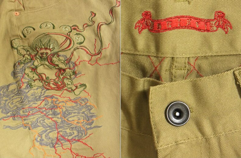 全国 どこでも 送料無料 ！！春夏新作！！【SATORI】風雷神 柄 刺繍【さとり】メンズ＆レディース 5ポケット ショートパンツ