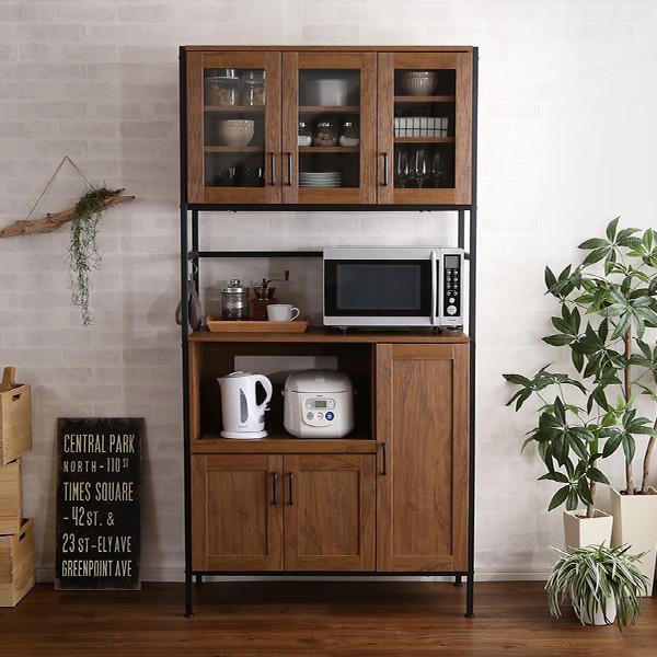 あす楽 食器棚 レンジ台 大型レンジ対応 おしゃれ ヴィンテージ 西海岸 収納ラック 木製 キッチン カップボード ハイタイプ 大容量 スライドテーブル 炊飯器...