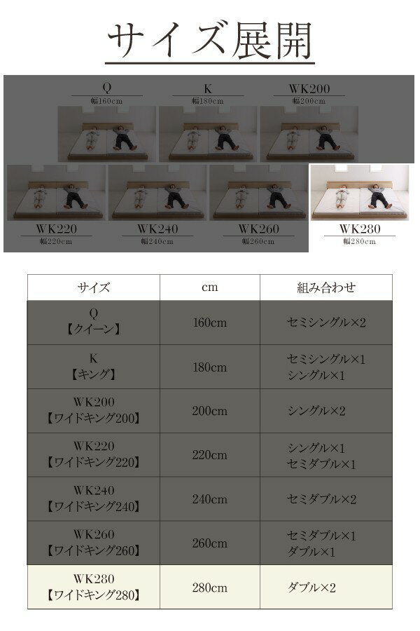 連結ベッド 幅280 ワイド 2人 3人 4人 家族 つなげる 2台 分割 ファミリー 親子 マットレス付き ローベッド ロータイプ フロア 低床 低い 宮 ヘッドボード 枕元 棚 ラック 携帯 ティッシュ メガネ リモコン 頭上 収納 コンセント スマホ 充電 ヴィンテージ モダン レトロ [2]