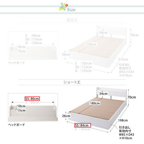 セミシングルベッド 一人暮らし コンパクト ショート丈 SS 小さい ミニ 省スペース マットレス付き チェストベッド ミドル ベッド下 収納 引き出し 大容量 パッドシーツ付き 宮 枕元 棚 携帯 メガネ リモコン コンセント スマホ 充電 姫系 かわいい アンティーク プリンセス