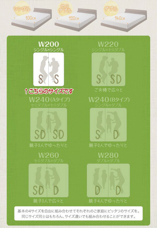 連結ベッド 幅200 キング ワイド 2人 3人 4人 家族 つなげる 2台 分割 ファミリー 親子 マットレス付き ローベッド ロータイプ フロア 低床 低い 宮 ヘッドボード 枕元 棚 携帯 ティッシュ メガネ リモコン 頭上 収納 コンセント スマホ 充電 ヴィンテージ モダン レトロ [3]