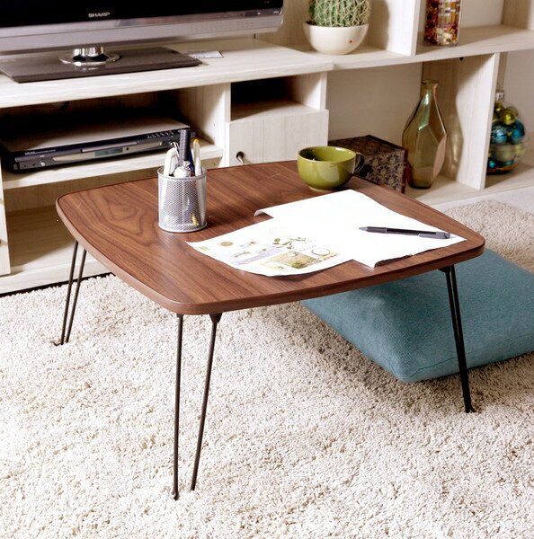 ローテーブル 完成品 センターテーブル 折りたたみ 折り畳み 折畳み 折れ脚 スチール脚 正方形 四角 角が丸い 角丸 木目 ウォールナットブラウン 茶色 ブラ...