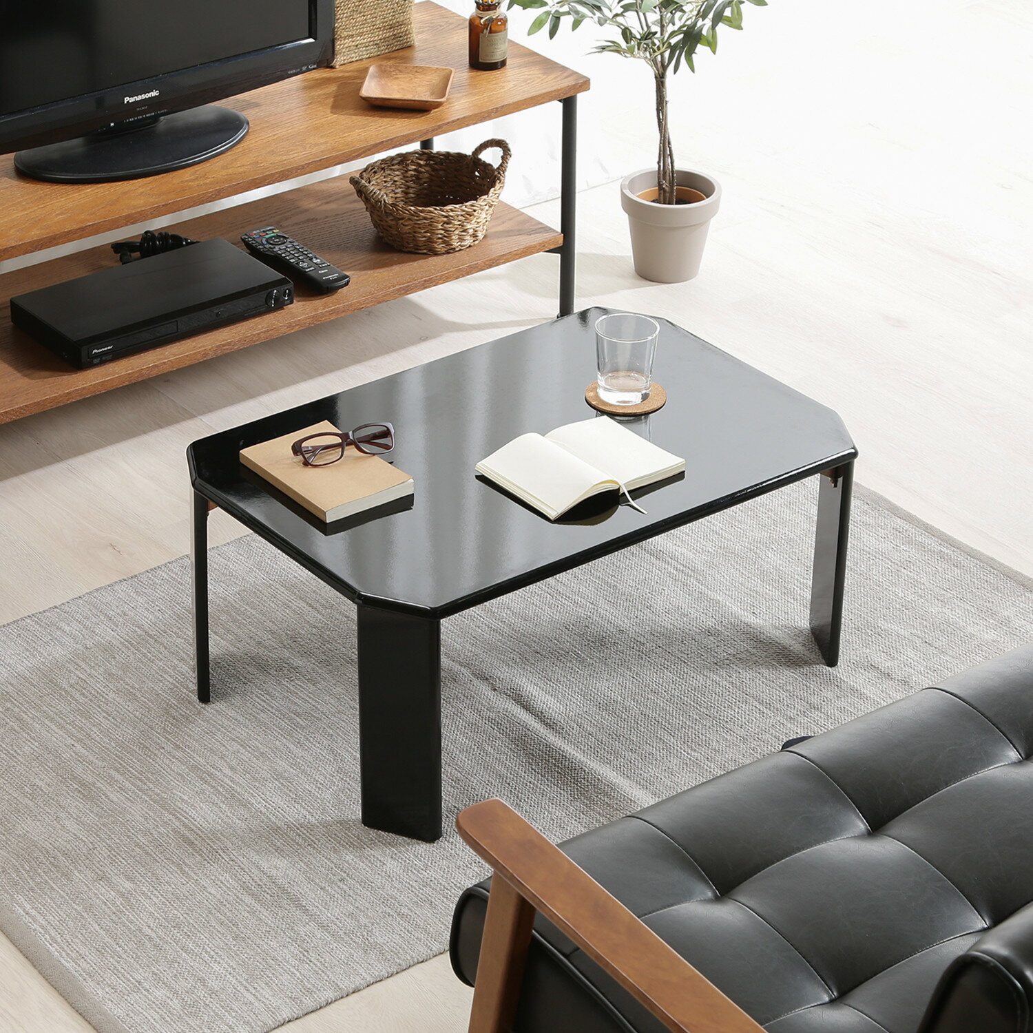 ローテーブル 完成品 センターテーブル 折りたたみ 折り畳み 折畳み 折れ脚 持ち運び 長方形 四角 角が丸い 角丸 ブラック 黒 幅75 奥行50 高さ32 ...