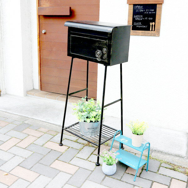 郵便ポスト ポスト 郵便受け 玄関 設置 屋外用 おしゃれ 置き型 スタンド スタンド型 自立 縦型 北欧 アンティーク 北欧 アメリカン ブラック 幅43 奥...