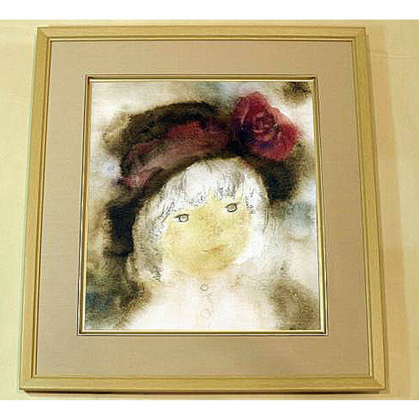 絵画　いわさきちひろ　バラ飾りの帽子の少女　額　児童画　色紙　送料無料