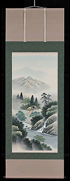 掛け軸　彩色山水　川島広陽　美術年鑑掲載作家　尺八　掛軸　全国送料無料【smtb-k】【ky】
