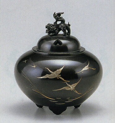 送料無料　能作吉秀作　平丸獅子蓋香炉　鶴　彫刻　銅像　雑貨　置物 床の間