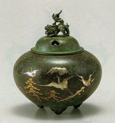 送料無料　能作吉秀作　平丸獅子蓋香炉　松鶴　彫刻　銅像　雑貨　置物 床の間