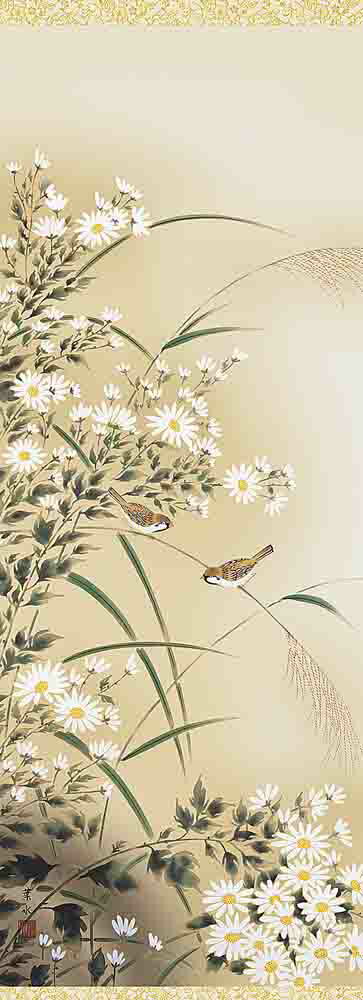 送料無料緒方葉水菊花に雀掛け軸掛軸