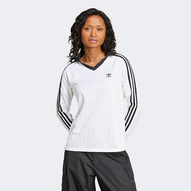 レディース アディカラー フットボール ジャカード Vネック 長袖ポロシャツ　ホワイト　【adida