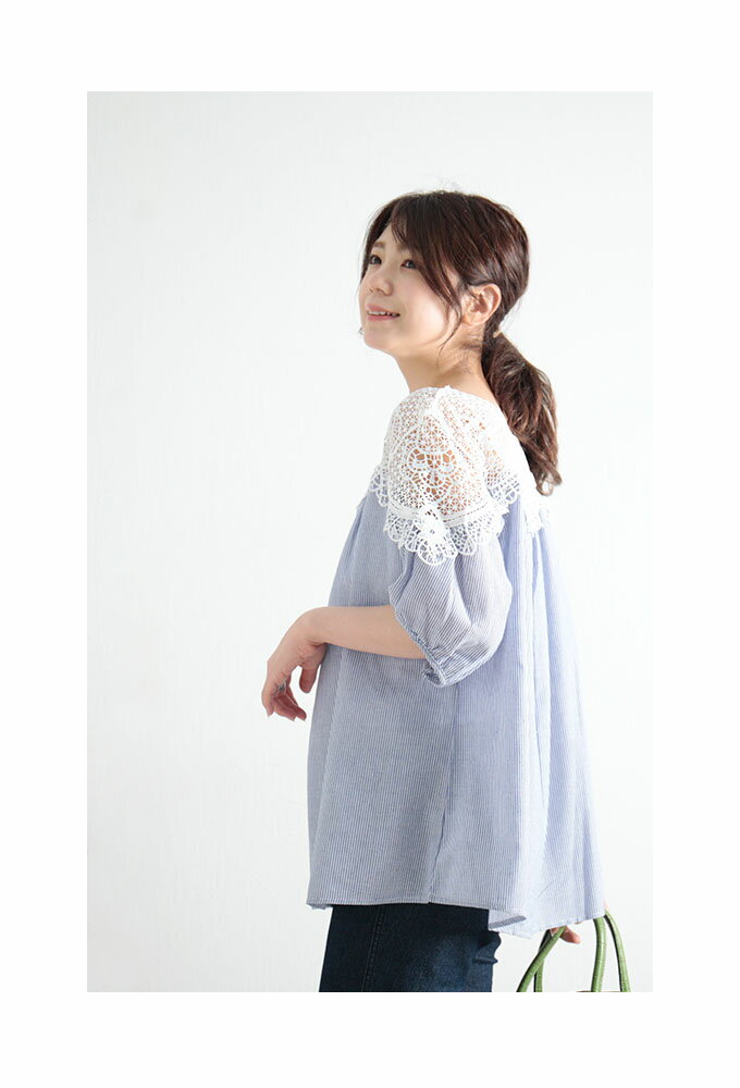 【SALE最大77％】 美しい花レースで華やぐストライプ柄シャツブラウス レディース ...