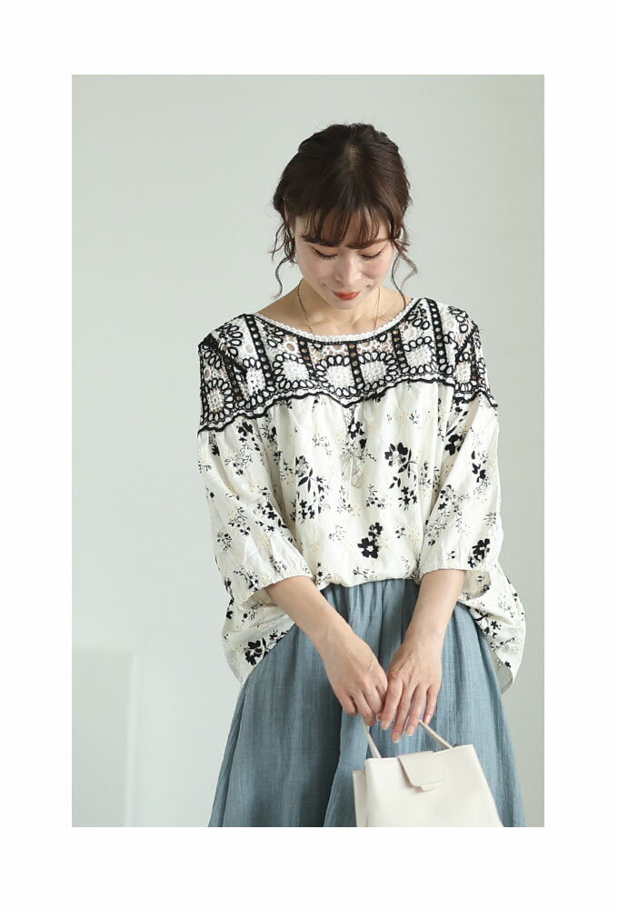 360度囲む刺繍レースの花柄シャツブラウス レディース ファッション トップス ブラ...