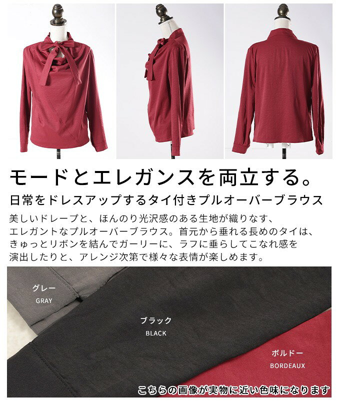 日常をドレスアップするタイ付きプルオーバーブラウス レディース ファッション トップス ブラウス タイ リボン プルオーバー 長袖 無地 春 秋 冬 30代 40代 50代 60代 サワアラモード sawaalamode otona 大人 kawaii 可愛い 【9月22日20時販売新作】 【メール便可】 a-la-mode-10014357 ALAMODE アラモード サンプル画像3