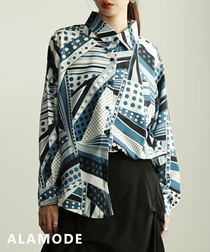 theory 幾何学模様シルク長袖ブラウス　サイズ2 レギュラーカラーシャツブラウス《長袖》《セットアップ着用可