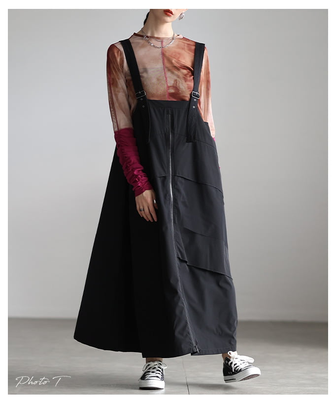 直線と余白で魅せるフロントジップジャンパースカート レディース ワンピース ロング丈 アシンメトリー チュールレイヤード 体型カバー タックデザイン モード 30代 40代 50代 60代 アラモード alamode otona 大人 kawaii 可愛い 洋服 かわいい服 【4月6日20時販売新作】 a-la-mode-10014843 ALAMODE アラモード サンプル画像2