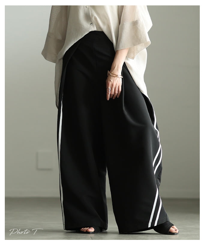 さっと穿いて洒落るサイドラインフロントタックパンツ レディース ボトムス パンツ アシンメトリー ロング丈 体型カバー ウエストゴム ブラック ゆったり 30代 40代 50代 60代 アラモード alamode otona 大人 kawaii 可愛い 洋服 かわいい服 【5月18日20時販売新作】 a-la-mode-10014939 ALAMODE アラモード サンプル画像2