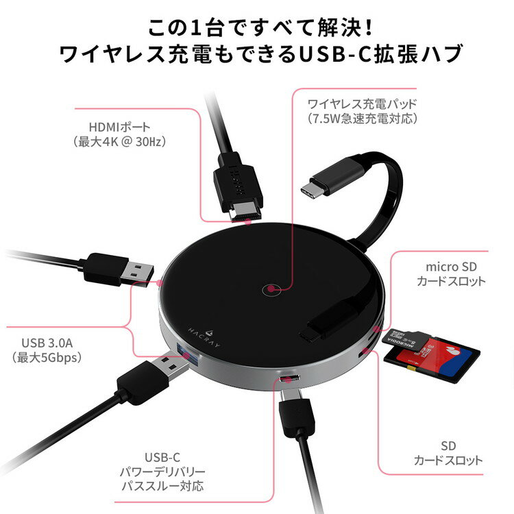 USB-Cハブ ワイヤレス充電器 Hacray 7in1 USB-C Hub + Qi Wireless Charger （ハクライ ） Qiワイヤレス充電 SDカードリーダー HDMI Type-C 出力ポート 置くだけで急速充電 USB-C拡張ハブ お取り寄せ