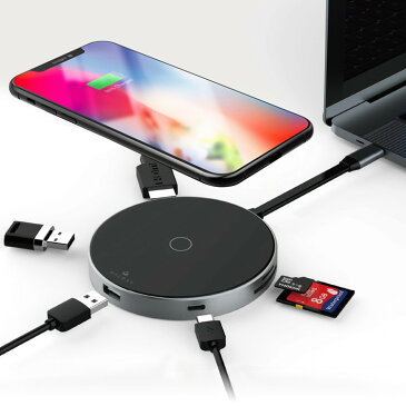 USB-Cハブ ワイヤレス充電器 Hacray 7in1 USB-C Hub + Qi Wireless Charger （ハクライ ） Qiワイヤレス充電 SDカードリーダー HDMI Type-C 出力ポート 置くだけで急速充電 USB-C拡張ハブ お取り寄せ