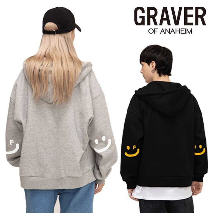 グレーバー パーカ GRAVER 正規販売店 Elbow drawing smile white clip hoodie zip up エルボー ドローイング スマイル ホワイト クリップ フーディー ジップアップ GRAY グレー BLACK ブラック G(W)-HZ-1-GY/BK ウェア 1