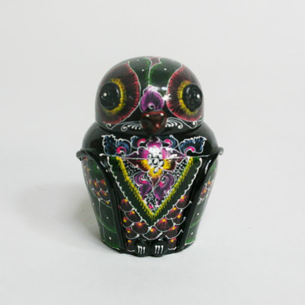 フクロウ・小物入れ【木製・アジアン・ペイント・鳥・梟・小物・ケース・カラフルペイント・アジアン雑貨販売】