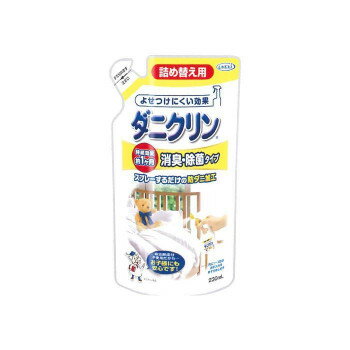 別倉庫からの発送の為、お客様都合の返品は出荷前、出荷後に変わらずキャセル費用、往復送料が発生いたします。 北海道、沖縄、その他特殊地域については送料加算になります。詳しくは送料ページをご確認ください。「お客様都合でのキャンセルの場合、キャンセル料などの手数料が発生いたしますので予めご了承ください。」「メーカーより取り寄せ商品のため、在庫状況によっては欠品・廃盤の可能性があります。あらかじめご了承ください。」ダニクリンは、殺虫剤のように殺虫成分でダニを直接殺す成分ではありません。ダニをよせつけない「忌避」という効果でダニを減らしていく商品です。今お使いの布団やカーペットにスプレー加工するだけの手軽さです。詰め替え用のシングルシーツ(片面)約23枚分。(Point.1)布団やタタミ、カーペットやソファーなどにシュッとスプレーして陰干しで乾かすだけ。忌避の効果で、ダニをよせつけず、元から減らしていきます。(Point.2)ダニクリンの「脂肪族系カルボン酸エステル」を主剤とする有効成分は、防ダニ加工布団の加工剤に長年使用されてきた実績ある成分です。(Point.3)安全性にも配慮し、寝具に使っても肌への刺激が少なく、スプレーしたところが口にふれても問題ありません。(Point.4)シーツなどお洗濯するものは、お洗濯で2〜3回程度、タタミやカーペットなら約1ヶ月効果が持続します。(当社テストによる)(Point.5)スプレー後のべたつき感をおさえサラッと仕上げ。(当社従来品比)内容量230mLサイズ98×48×200mm個装サイズ：12×6×21cm重量個装重量：234g成分脂肪族系カルボン酸エステル、サトウキビ抽出エキス、イソプロピルメチルフェノール(除菌剤)生産国日本・広告文責（株式会社T3コーポレーション・072-963-7660）fk094igrjs