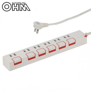 OHM 押しボタンスイッチ付き 節電タップ 6個口 2.5m HS-T1180W【送料無料】