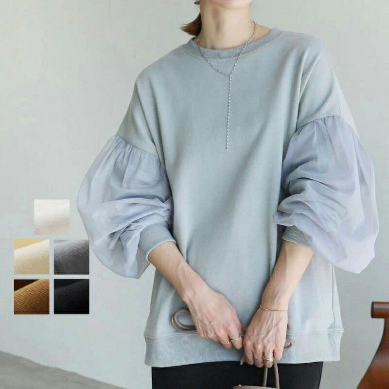 乐天商城 - トレーナー レディース チュール tシャツ ボリューム袖 長袖 秋春 カレッジ スウェット チュール 切り替え カットソー ぽわん袖 ゆったり 重ね着 トレーナー レイヤード風 体型カバー シンプル カジュアル 大人 抜け感 トレンド