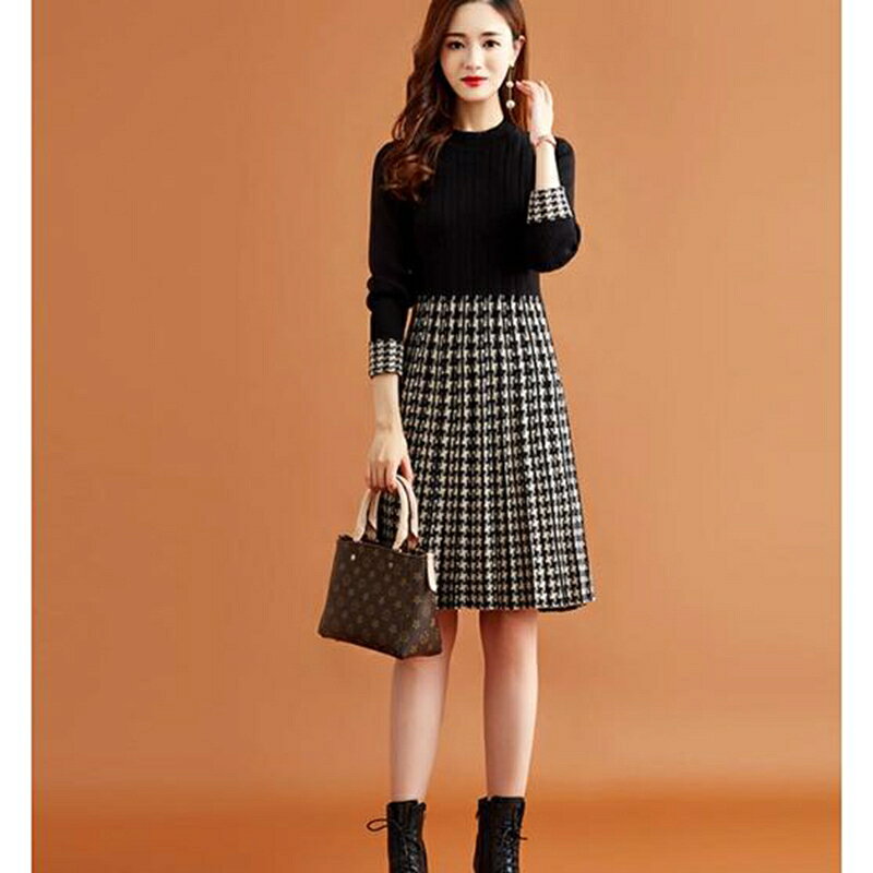 【楽天スーパーSALE】ニットワンピース レディース 40代 きれいめ 膝丈ワンピース 秋服 長袖ワンピース チェック柄切り替え Aラインス..