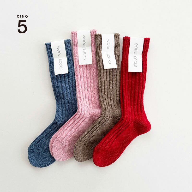 CINQ サンク ウールソックス 23-25cm レディース ブルー ピンク ライトブラウン レッド 日本製 クルーソックス 靴下 無地 ニット ルームソックス
