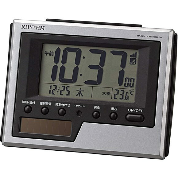 Rakuten - リズム(RHYTHM) 目覚まし時計 電波時計 ソーラー 補助電源 温度 カレンダー シルバー 8.3x10.8x4.5cm 8RZ215SR19