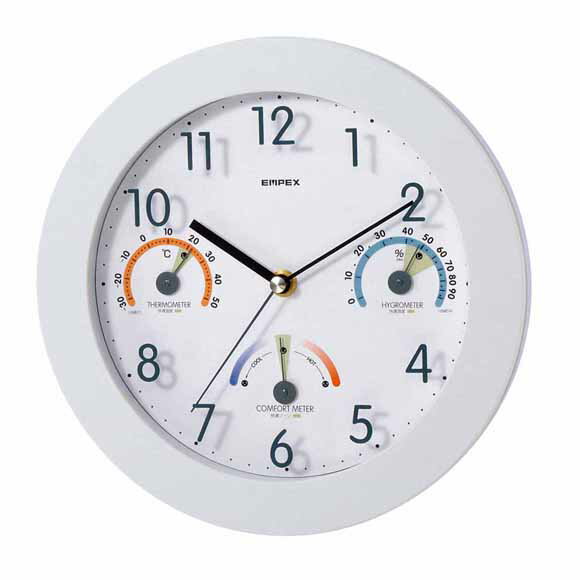 エンペックス EMPEX 掛け時計 快適計 温度計 湿度計 秒針なし 日本製　(EP-TQ-736)　のスペックサイズ直径約250×35mm素材PS樹脂備考単3電池×1本日本製エンペックス EMPEX 掛け時計 快適計 温度計 湿度計 秒針...