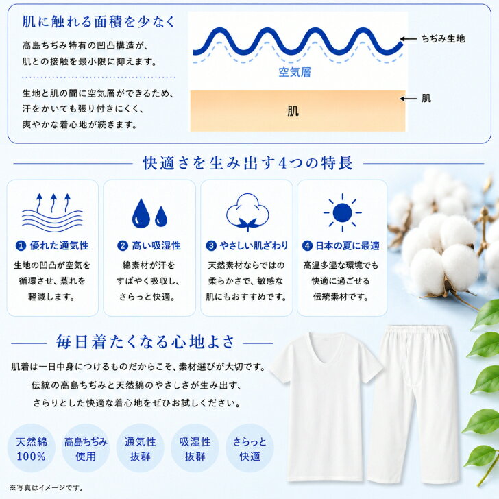 高島ちぢみ 男性用クレープ肌着 【セット】 半袖U首 ロングパンツ【爽やか着行 (シ...