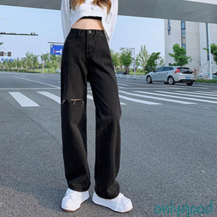 デニムストレートパンツ ダメージジーンス