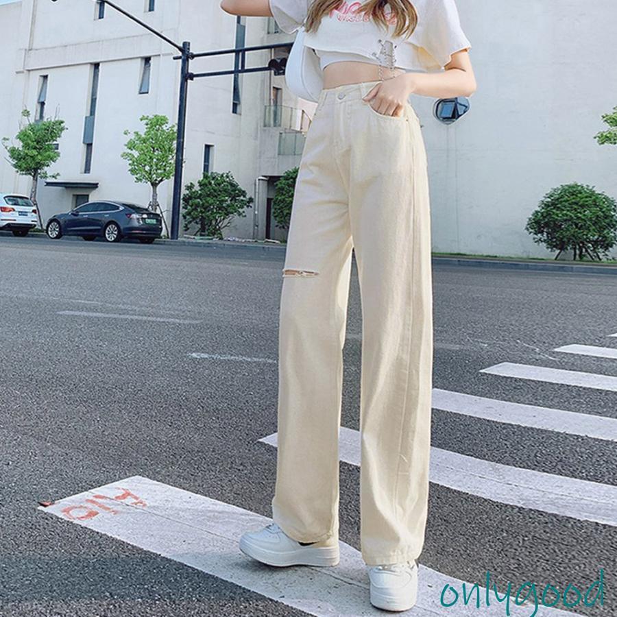 デニムストレートパンツ ダメージジーンス