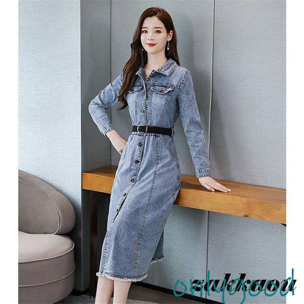 ワンピース レディース 秋 冬 40代 きれいめ 長袖 デニムワンピース ロング丈 Aライン 上品 大きいサイズ パーティードレス おしゃれ 韓国風 着痩せ OL 新品