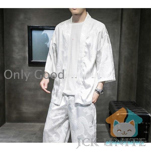 甚平 羽織り 龍柄 メンズ 夏 上下セット 作務衣 七分袖 和式 祭り カーディガン パンツ 秋 半被 半纏 部屋着 ビッグシルエット 花火大会 ゆったり