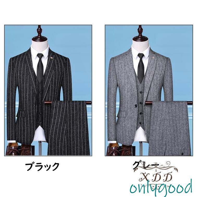 メンズスーツセット ビジネススーツ スリーピース スーツ ストライプ セットアップ ジャケット+パンツ+ベスト 韓国風 スリムスーツ 3ピーススーツ 通勤