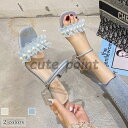 サンダル レディース ミュール 太ヒール フリルサンダル 前あき ストラップサンダル 美脚 シューズ 夏 パール レディースサンダル ミドルヒール(4)