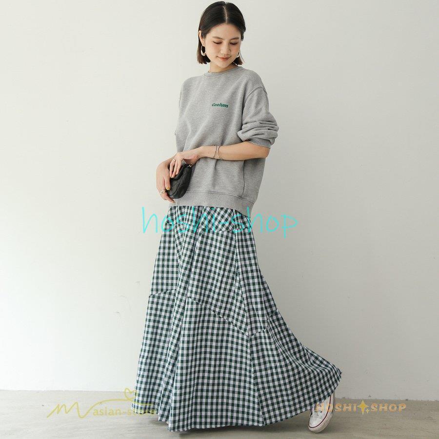 ロングスカート 夏新作 フレアスカート 切り替え チェック柄 20代30代 大人 40代50代 可愛い 60代 ゆったり 広い裾 ウエストゴム 6色 綿 秋 春 春夏 ダンス舞台