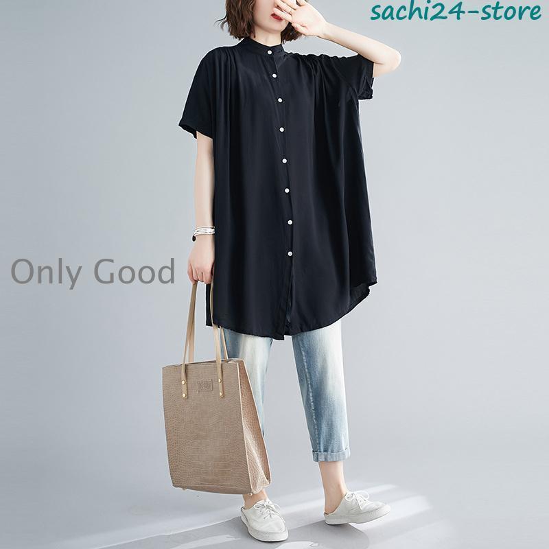 チュニック シャツワンピース ロングシャツ レディース 半袖 シャツ ブラウス 無地 Aライン 体型カバー 着痩せ ゆったり マタニティ 春夏 羽織
