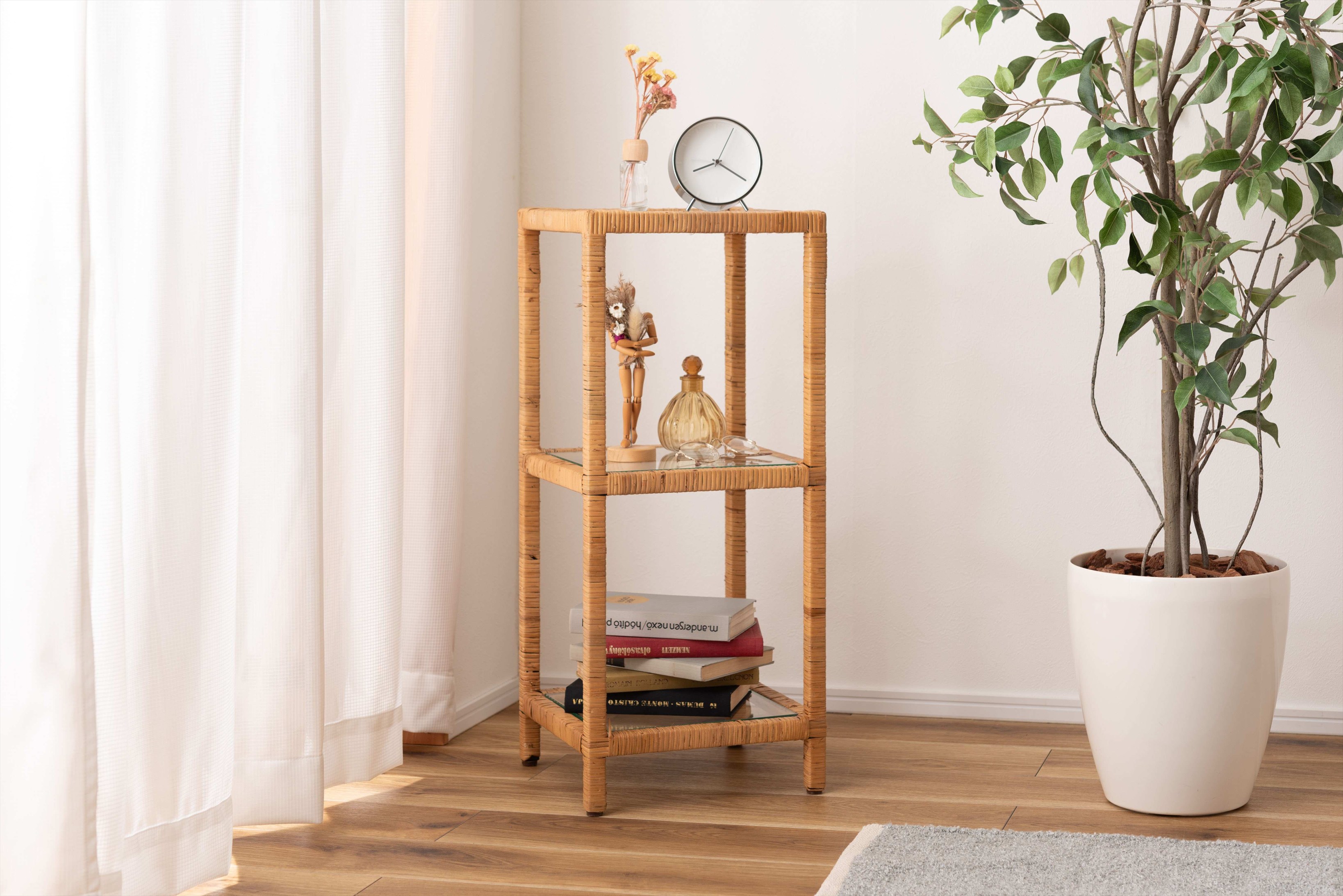 ガラスシェルフ シェルフ ガラス ラタン 籐 クリア 収納 収納棚 ラック オープンラック 3段 三段 見せ..