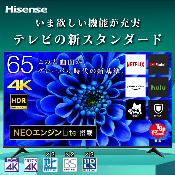 テレビ 65インチ 4Kテレビ 液晶テレビ Hisense ハイセンス 65E6G 65V型 65型 地上 BS CSデジタル 4Kチューナー内蔵 YouTube NETFLIX ゲーム 映画 ライブ スポーツ 臨場感 リビング 寝室 子供部…