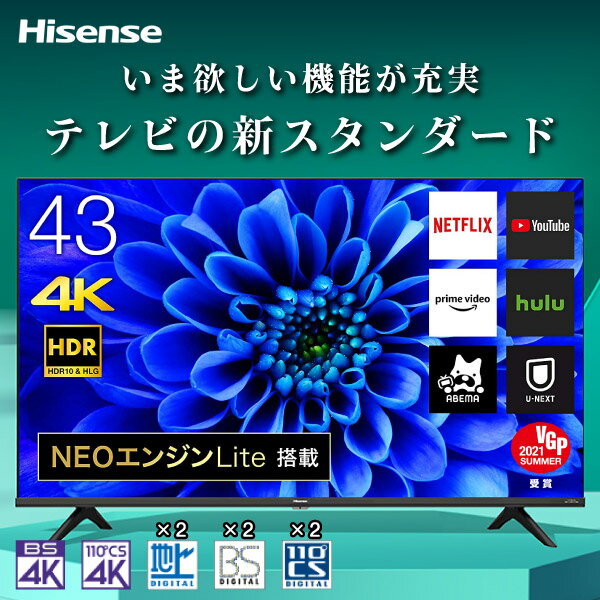 【12/25限定 エントリー＆抽選で最大P100還元】43インチ 4Kテレビ ハイセンス 43型 YouTube 43E6G 43V型 地上 BS CSデジタル 液晶テレビ 4Kチューナー内蔵 VOD搭載 大画面 買い替え ゲーム モニター 大迫力 映画 ライブ スポーツ 臨場感 リビング 寝室 子供部屋 新居 Hisense