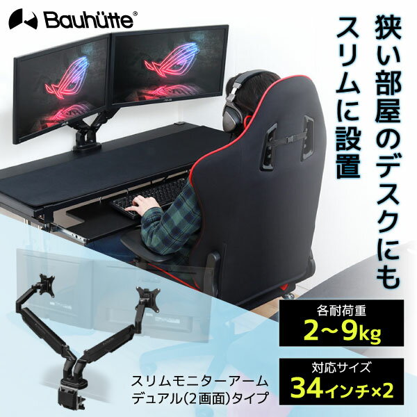 Bauhutte バウヒュッテ モニターアーム BMA-2SLM-BK スリムモニターアーム ゲーミング家具 在宅 リモート メーカー直送 日時指定不可
