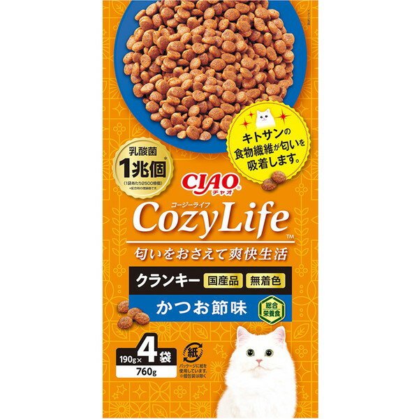 【5/10限定 エントリー 抽選で最大100 Pバック】いなばペットフード キャットフード ドライ CIAO Cozy Life クランキー ドライフード 猫用 匂いをおさえて爽快生活 国産 190g×4袋 かつお節味 エクプラ特選