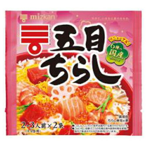 ご注文前にご確認ください※ 12時から14時の時間帯指定はできません。ご指定の場合は14時から16時にて手配いたします。商品説明★ 6種類の国産具材を使用した、彩り鮮やかなちらし寿司の素です。ご飯に混ぜるだけの手軽さでちらし寿司が出来上がります。甘味・酸味・塩味・旨味のバランスのよいおいしさにこだわった酢飯の味なので、普段のお食事からハレの日には色々なトッピングをして、家族みんなでお楽しみいただけます。2?3人前x2袋入りです。※メーカーの都合により、パッケージ・仕様・成分・生産国等は予告なく変更になる場合がございます。※上記理由でのご返品はお受けできませんので、事前お問合せなどご注意のほど宜しくお願いいたします。スペック* 総内容量：210g* 商品サイズ：20×190×175* 成分：野菜(にんじん(国産)、しいたけ)、砂糖、こんにゃく、醸造酢、油揚げ(大豆を含む)、食塩、米酢、穀物酢、みりん、こうや豆腐(大豆を含む)、しょうゆ(小麦・大豆を含む)、なたね油、しいたけだし、昆布、かつおエキス、魚介エキス、かつお削り節/増粘剤(グァーガム)* 生産国：日本* 単品JAN：4902106661276